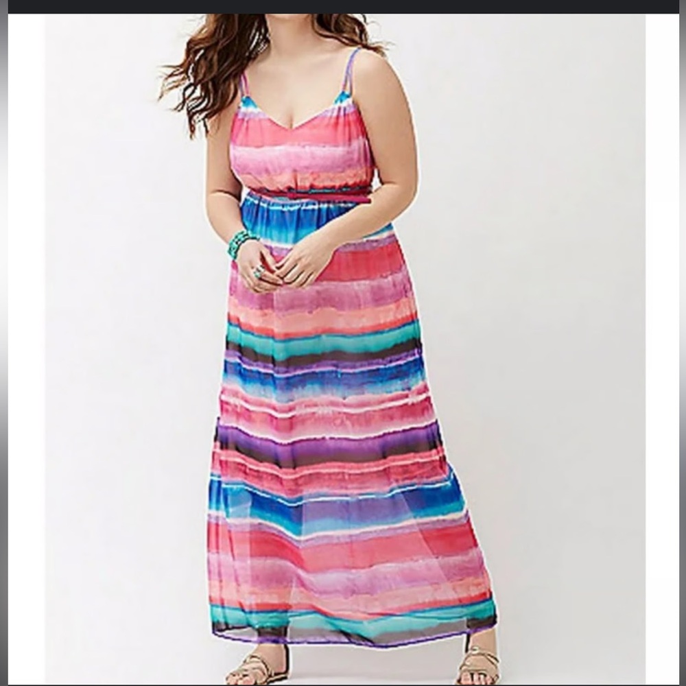 LANE BRYANT WOMENS CHIFFON SLEEVELESS MULTICOLOR STRIPED MAXI DRESS  14/16